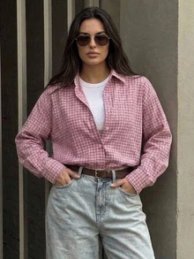 Dazy Plus Fashionable Plaid Loose Fit Lapel Casual Cute Pink Versatile Spring/Autumn Shirt - Watermelon Pink - View 8
