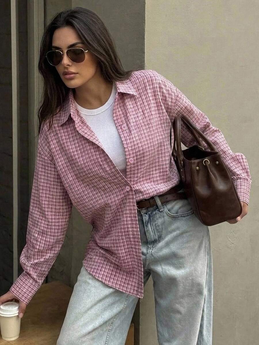 Dazy Plus Fashionable Plaid Loose Fit Lapel Casual Cute Pink Versatile Spring/Autumn Shirt - Watermelon Pink - View 1