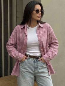 Dazy Plus Fashionable Plaid Loose Fit Lapel Casual Cute Pink Versatile Spring/Autumn Shirt - Watermelon Pink - View 7