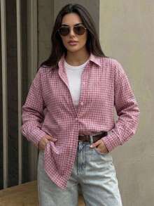 Dazy Plus Fashionable Plaid Loose Fit Lapel Casual Cute Pink Versatile Spring/Autumn Shirt - Watermelon Pink - View 6