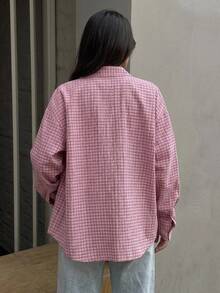 Dazy Plus Fashionable Plaid Loose Fit Lapel Casual Cute Pink Versatile Spring/Autumn Shirt - Watermelon Pink - View 4