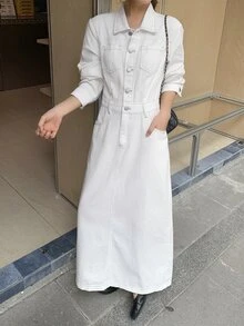 DAZY فستان جينز كاجوال نسائي بأكمام طويلة وفتحة أمامية نصفية بأزرار للخريف - أبيض - مشاهدة 7