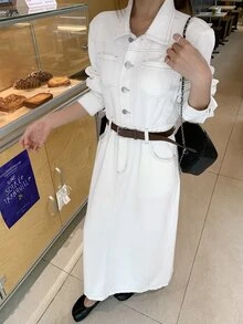 DAZY فستان جينز كاجوال نسائي بأكمام طويلة وفتحة أمامية نصفية بأزرار للخريف - أبيض - مشاهدة 8