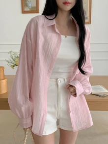 DAZY Women's Business Casual Plain Long Sleeve Loose Turndown Collar Shirt Summer Sheer - Pink - View 5