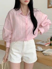 DAZY Women's Business Casual Plain Long Sleeve Loose Turndown Collar Shirt Summer Sheer - Pink - View 4