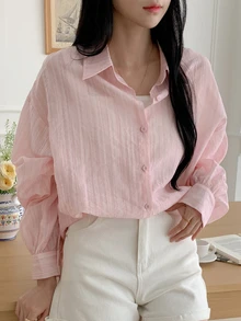 DAZY Women's Business Casual Plain Long Sleeve Loose Turndown Collar Shirt Summer Sheer - Pink - View 6