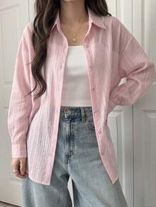 DAZY Women's Business Casual Plain Long Sleeve Loose Turndown Collar Shirt Summer Sheer - Pink - View 9