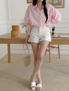 DAZY Women's Business Casual Plain Long Sleeve Loose Turndown Collar Shirt Summer Sheer - Pink - View 7