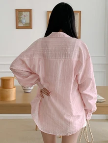 DAZY Women's Business Casual Plain Long Sleeve Loose Turndown Collar Shirt Summer Sheer - Pink - View 2