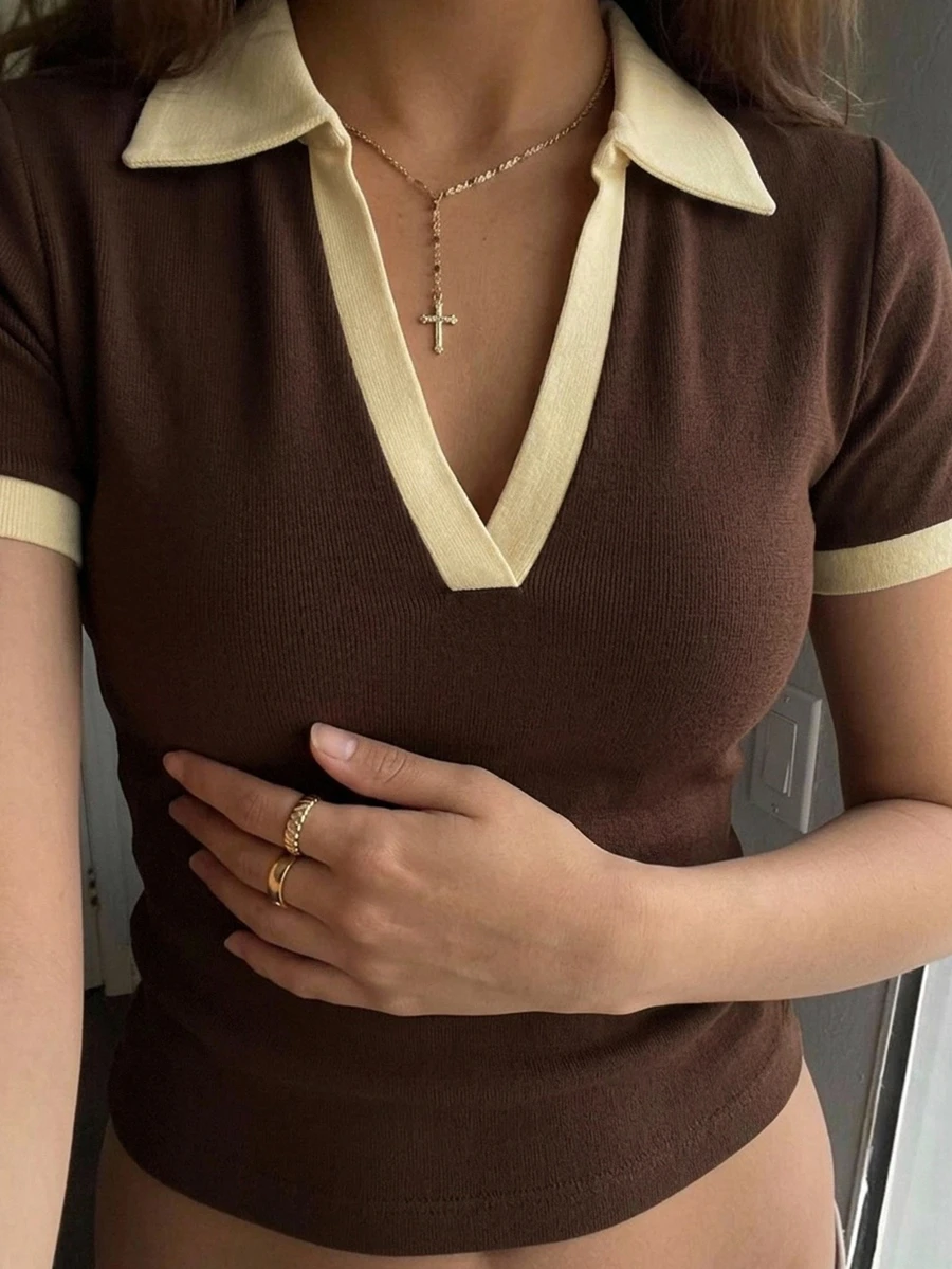 DAZY Contrast Trim Polo Neck Tee - Coffee Brown - View 1