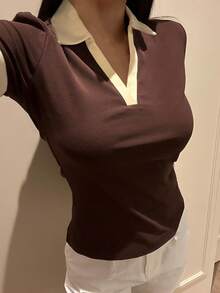 DAZY Contrast Trim Polo Neck Tee - Coffee Brown - View 2
