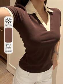 DAZY Contrast Trim Polo Neck Tee - Coffee Brown - View 7