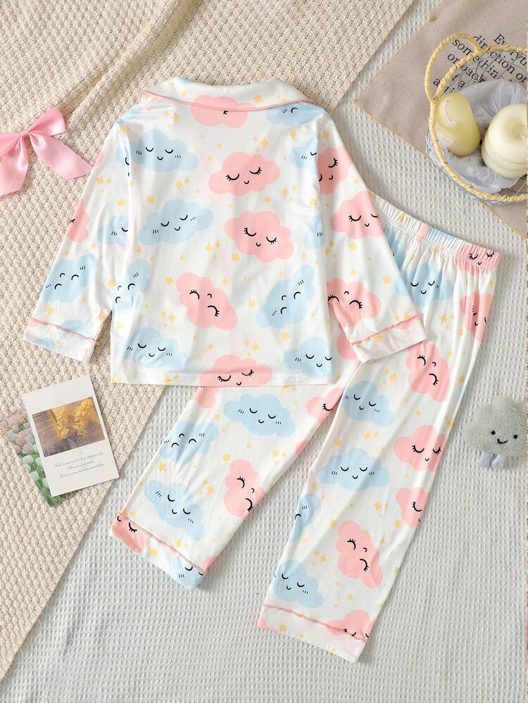 SHEIN Bộ đồ mặc nhà bé gái phong cách dễ thương thanh lịch, áo cardigan và quần mềm mại thoải mái, họa tiết hoạt hình đám mây & ngôi sao - Màu Hồng baby - Xem 2