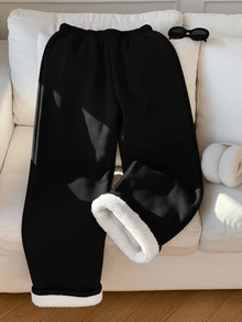SHEIN 兒童青少年女孩印花圖案女童秋冬保暖內裡簡約寬鬆運動長褲，休閒日常穿著，適合返校季 - 黑色 - 查看 2