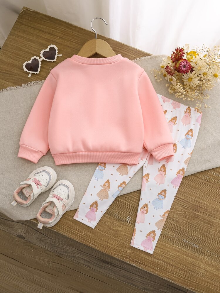 Cozy Pixies Baby Girl Cartoon Cute Little Princess Print Pattern Crew Neck Long Sleeve Pullover Sweatshirt Solid Color Elastic Waist Long Pants Set, Comfortable Versatile Fashionable Daily Cute Casual Minimalist Basic Style, Suitable For Indoor, Outdoor Skiing In Autumn/Winter - Multicolor - View 4