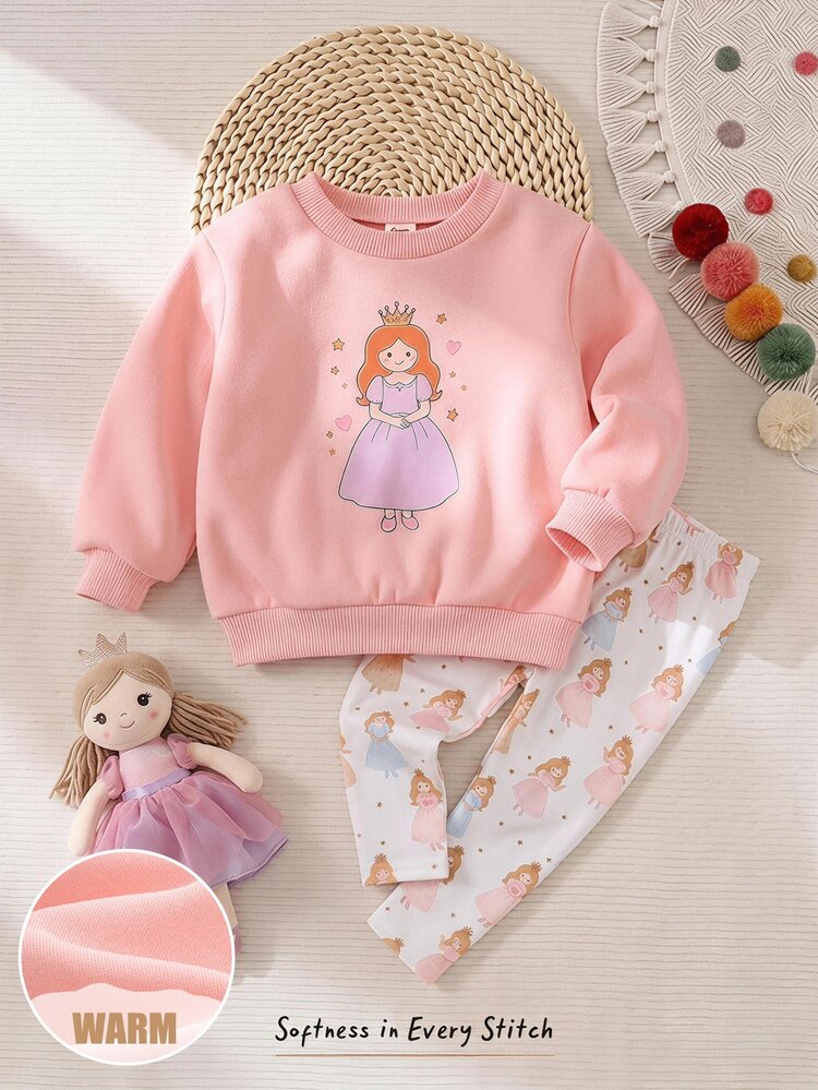 Cozy Pixies Baby Girl Cartoon Cute Little Princess Print Pattern Crew Neck Long Sleeve Pullover Sweatshirt Solid Color Elastic Waist Long Pants Set, Comfortable Versatile Fashionable Daily Cute Casual Minimalist Basic Style, Suitable For Indoor, Outdoor Skiing In Autumn/Winter - Multicolor - View 1
