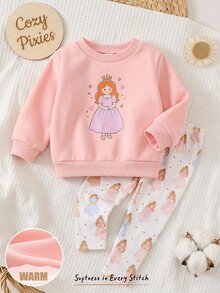 Cozy Pixies 女嬰卡通可愛小公主印花圓領長袖套頭運動衫純色鬆緊腰長褲套裝，舒適百搭時尚日常可愛休閒簡約基礎款，適合秋冬室內外滑雪穿著 - 彩色 - 查看 3