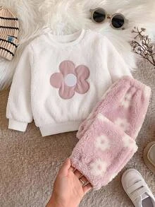 SHEIN 女嬰 2件/套 舒適百搭時尚日常可愛休閒極簡基礎款，毛絨花卉圖案，秋冬季節，適合室內、戶外休閒、滑雪、返校、日常、運動、派對等多種場合，花卉套裝，保暖套裝，適合冬季 - 彩色 - 查看 2