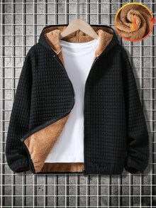 SHEIN 兒童青少年男孩休閒厚款連帽黑色外套，秋季萬聖節復古男孩夾克，冬季上衣冬款外套 - 黑色 - 查看 4