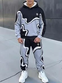 SHEIN 青少年男孩字母圖案拼色連帽衛衣與運動長褲休閒日常套裝 - 彩色 - 查看 1