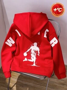 SHEIN 兒童青少年男孩休閒運動籃球投籃動作圖案紅色連帽衛衣，基礎上衣，適合秋冬、學校、家庭聚會、度假、派對，秋季穿搭，冬季穿搭 - 紅色 - 查看 1