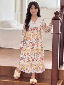 SHEIN 大童女孩寬鬆休閒刺繡蕾絲飾邊拼接碎花小織紋長袖蝴蝶結家居服 黃色 長版 - 黃色 - 查看 8