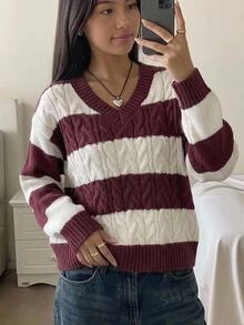 SHEIN Tween Girl Casual Street Kids Style Back To School Striped Cable Knit V-Neck Pullover Sweater Burgundy White Fall/Winter - Burgundy - View 3
