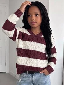 SHEIN Tween Girl Casual Street Kids Style Back To School Striped Cable Knit V-Neck Pullover Sweater Burgundy White Fall/Winter - Burgundy - View 9