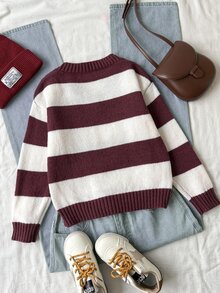 SHEIN Tween Girl Casual Street Kids Style Back To School Striped Cable Knit V-Neck Pullover Sweater Burgundy White Fall/Winter - Burgundy - View 4