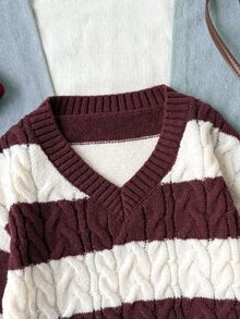 SHEIN Tween Girl Casual Street Kids Style Back To School Striped Cable Knit V-Neck Pullover Sweater Burgundy White Fall/Winter - Burgundy - View 7