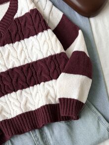SHEIN Tween Girl Casual Street Kids Style Back To School Striped Cable Knit V-Neck Pullover Sweater Burgundy White Fall/Winter - Burgundy - View 5