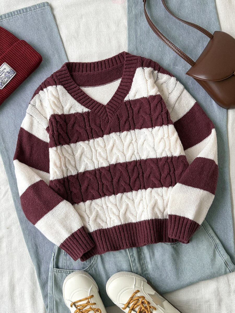 SHEIN Tween Girl Casual Street Kids Style Back To School Striped Cable Knit V-Neck Pullover Sweater Burgundy White Fall/Winter - Burgundy - View 1
