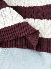 SHEIN Tween Girl Casual Street Kids Style Back To School Striped Cable Knit V-Neck Pullover Sweater Burgundy White Fall/Winter - Burgundy - View 10