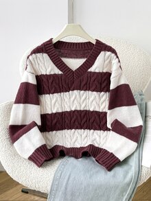 SHEIN Tween Girl Casual Street Kids Style Back To School Striped Cable Knit V-Neck Pullover Sweater Burgundy White Fall/Winter - Burgundy - View 2