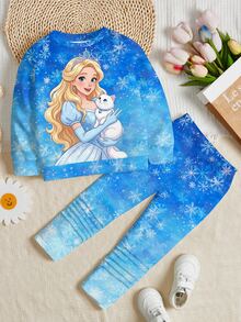 Young Girl Casual Pretty Kids Girl, Ice Princess, Gradient , Round Neck Long Sleeve Sweatshirt And Leggings 2 Pieces Set Suitable For Autumn/Winter - Multicolor - View 3