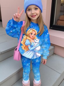Young Girl Casual Pretty Kids Girl, Ice Princess, Gradient , Round Neck Long Sleeve Sweatshirt And Leggings 2 Pieces Set Suitable For Autumn/Winter - Multicolor - View 2