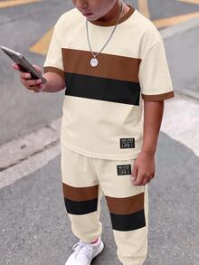 Tween Boy Casual Comfortable Fashion Minimalist Crew Neck Short Sleeve Long Pants T-Shirt Set, Classic Cool Handsome Retro Color Block Graphic Print, Classic Exquisite Text Label Graphic Print, Suitable For Autumn/Winter, Suitable For Back To School Season - Multicolor - View 3