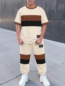 Tween Boy Casual Comfortable Fashion Minimalist Crew Neck Short Sleeve Long Pants T-Shirt Set, Classic Cool Handsome Retro Color Block Graphic Print, Classic Exquisite Text Label Graphic Print, Suitable For Autumn/Winter, Suitable For Back To School Season - Multicolor - View 2