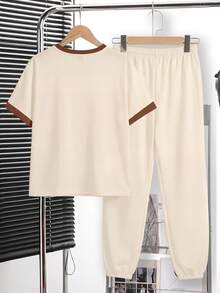 Tween Boy Casual Comfortable Fashion Minimalist Crew Neck Short Sleeve Long Pants T-Shirt Set, Classic Cool Handsome Retro Color Block Graphic Print, Classic Exquisite Text Label Graphic Print, Suitable For Autumn/Winter, Suitable For Back To School Season - Multicolor - View 5