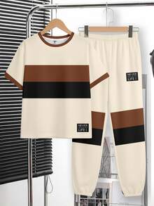 Tween Boy Casual Comfortable Fashion Minimalist Crew Neck Short Sleeve Long Pants T-Shirt Set, Classic Cool Handsome Retro Color Block Graphic Print, Classic Exquisite Text Label Graphic Print, Suitable For Autumn/Winter, Suitable For Back To School Season - Multicolor - View 4