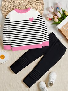 女童休閒極簡時尚經典黑白條紋配粉色Logo愛心圖案圓領長袖衛衣與內搭褲2件套，適合秋冬，可愛日系舒適秋季冬季風格，時尚秋季 - 彩色 - 查看 3