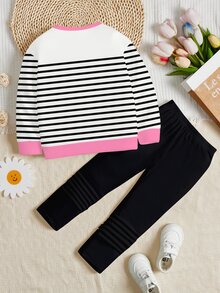 女童休閒極簡時尚經典黑白條紋配粉色Logo愛心圖案圓領長袖衛衣與內搭褲2件套，適合秋冬，可愛日系舒適秋季冬季風格，時尚秋季 - 彩色 - 查看 4
