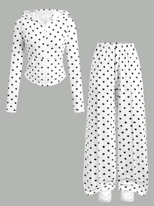 SHEIN 兒童青少年女孩 2 件組黑白波點連帽外套與寬腿褲套裝，休閒百搭，適合秋季日常穿著 - 黑與白 - 查看 2