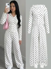 SHEIN 兒童青少年女孩 2 件組黑白波點連帽外套與寬腿褲套裝，休閒百搭，適合秋季日常穿著 - 黑與白 - 查看 12