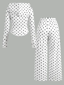 SHEIN 兒童青少年女孩 2 件組黑白波點連帽外套與寬腿褲套裝，休閒百搭，適合秋季日常穿著 - 黑與白 - 查看 3