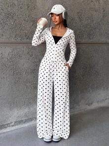 SHEIN 兒童青少年女孩 2 件組黑白波點連帽外套與寬腿褲套裝，休閒百搭，適合秋季日常穿著 - 黑與白 - 查看 10