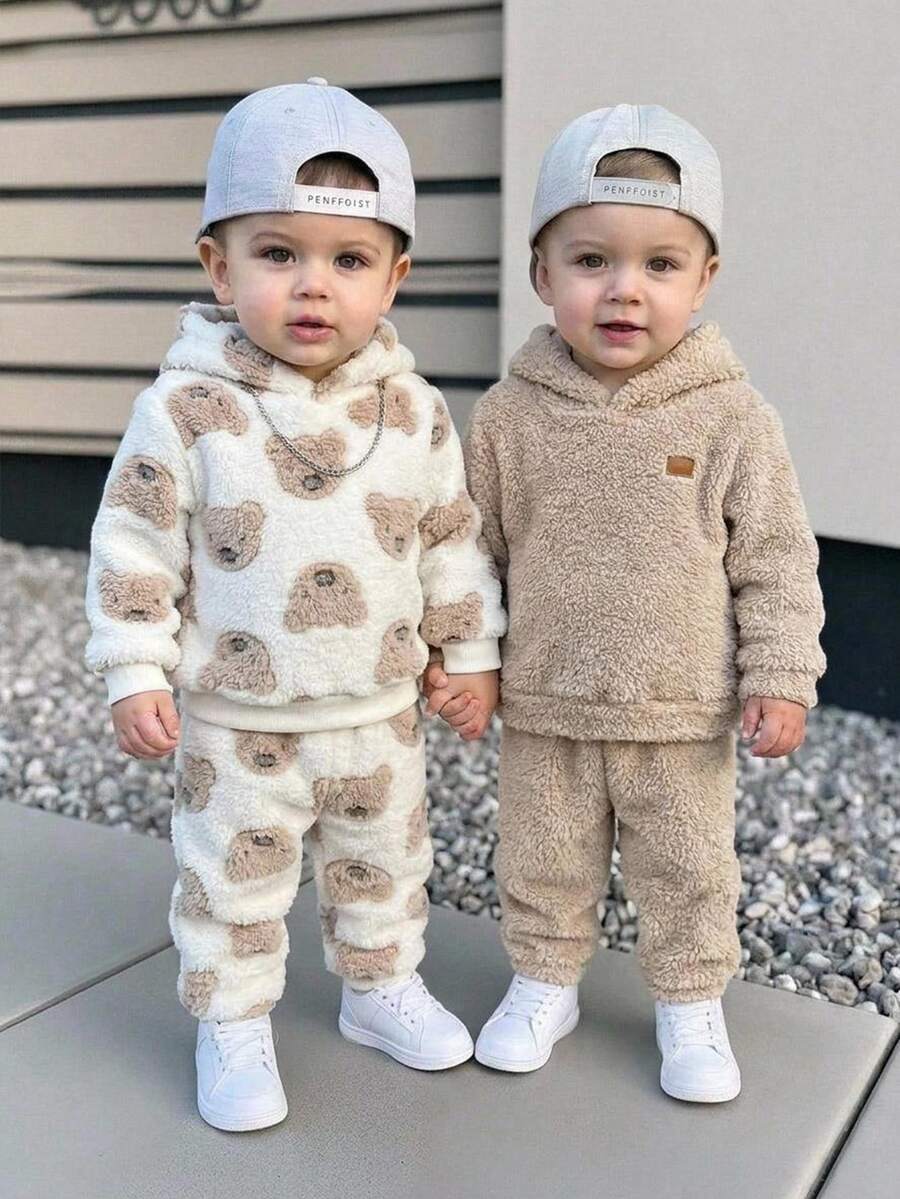 Bubblio 4pcs Newborn Baby Boy & Girl Autumn/Winter Cute Casual Cartoon Bear Pattern Fuzzy Hooded Sweatshirt & Sweatpants 2-Piece Set - Multicolor - View 1