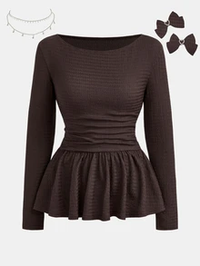 SHEIN Girlism Teen Girl Teen Girls Cold Shoulder Solid Color Elegant Versatile Casual Ruffle Hem Long Sleeve T-Shirt, Suitable For Daily Wear, Commuting And Back To School - Brown - View 3