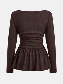 SHEIN Girlism Teen Girl Teen Girls Cold Shoulder Solid Color Elegant Versatile Casual Ruffle Hem Long Sleeve T-Shirt, Suitable For Daily Wear, Commuting And Back To School - Brown - View 2