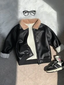 SHEIN 小男孩拉鍊式泰迪內裡PU皮革夾克 - 彩色 - 查看 3